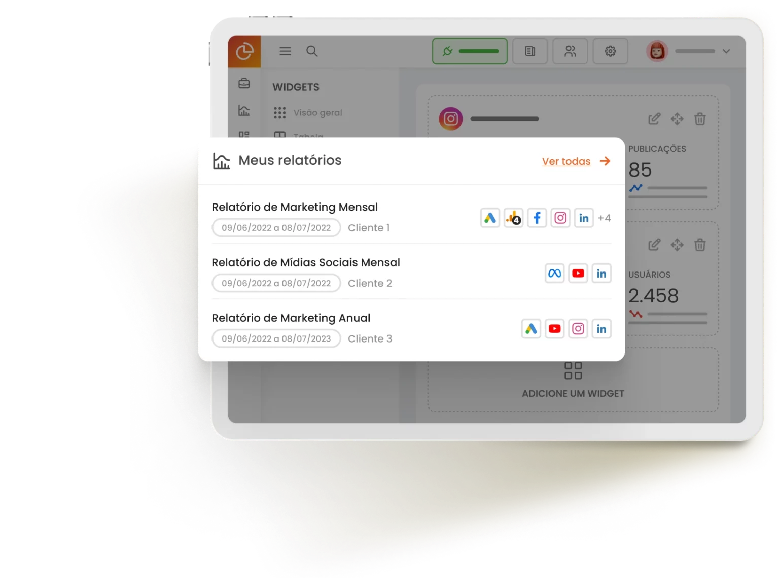Composição de relatórios da mLabs Analytics.