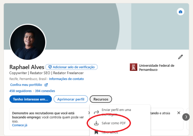 Currículo para social media 4 Como exportar um currículo do LinkedIn como PDF.