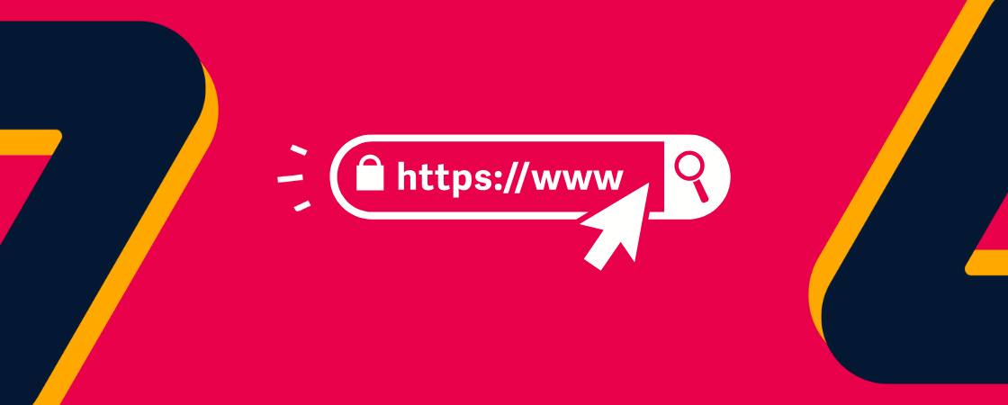 encurtar-link: fundo rosa com ícone de digitar site no navegador e ícone seta