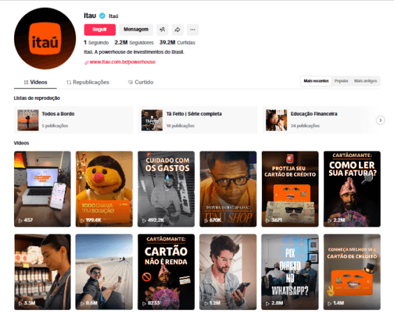 Página do Itaú no TikTok com vários vídeos, alguns ultrapassando milhões de visualizações.