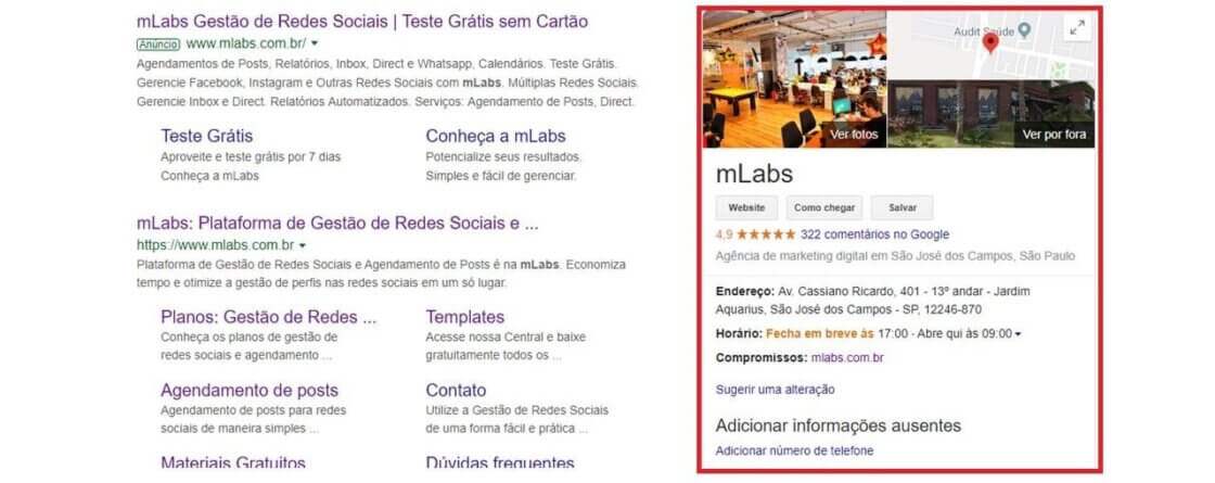 Perfil da mLabs no Google Meu Negócio.