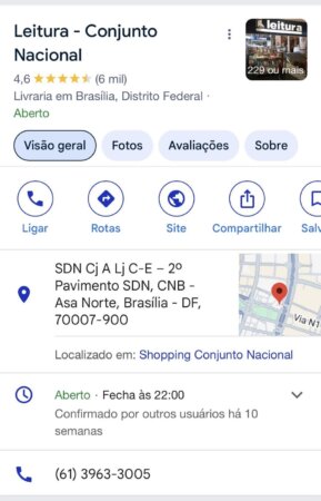 Perfil da livraria Leitura em Brasília, no Google Meu Negócio.