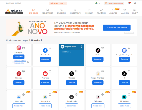 Tela de conexão de redes sociais da mLabs.