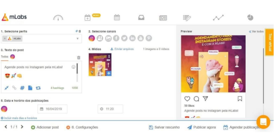 Tela de programação de posts no feed da mLabs.