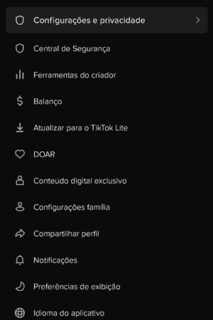 Menu do TikTok.