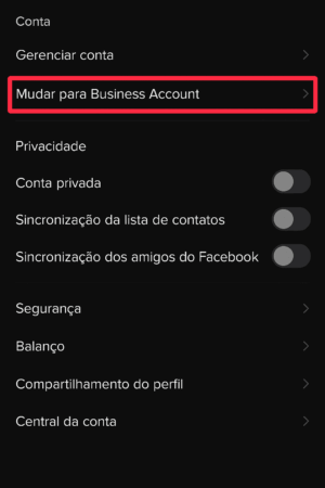 Menu de configurações para mudar para business account no TikTok.