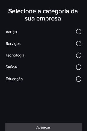 Tela de categorias de empresa no TikTok.