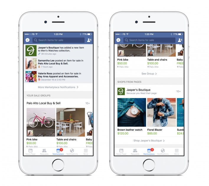 como vender pelas redes sociais: imagem de dois celulares com a tela do facebook aberta mostrando ofertas de produtos