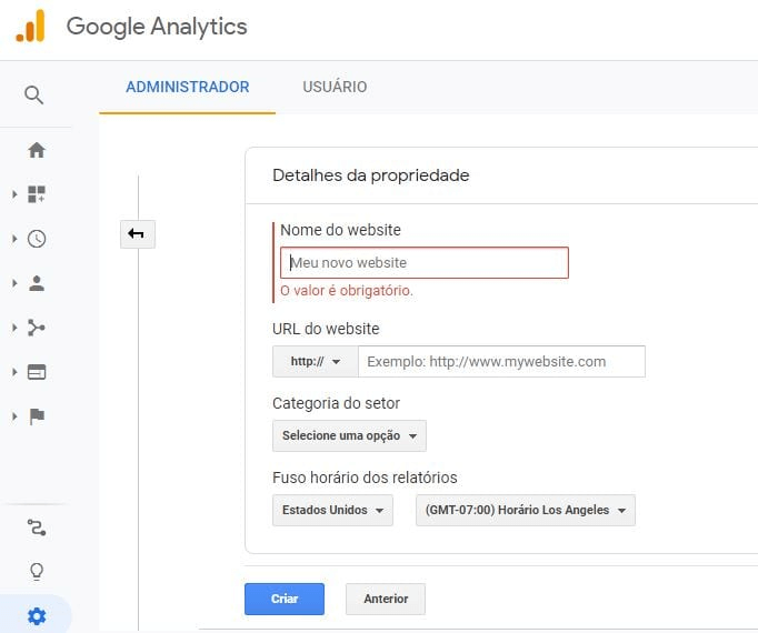 criar conta no google analytics: imagem da tela administrador do google analytics