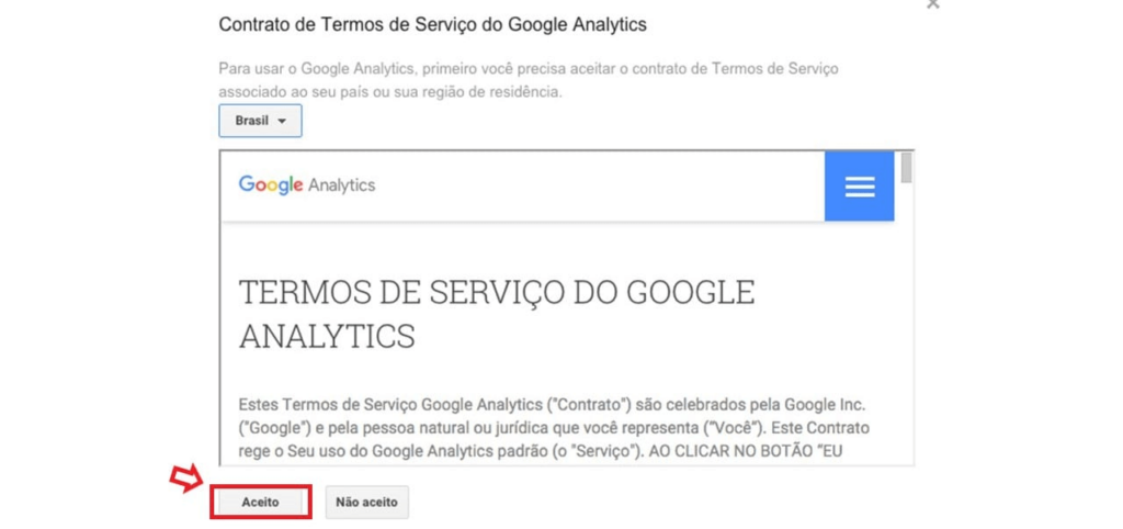 criar conta no google analytics: imagem da tela de termos de serviços do google analytics