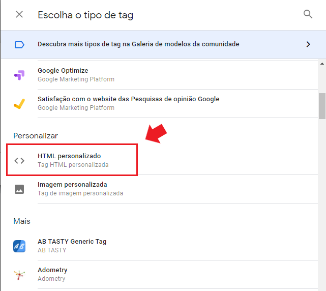 google tag manager: imagem da tela escolha um tipo de tag