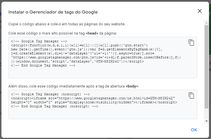 google tag manager: imagem da tela de instruções de codificação
