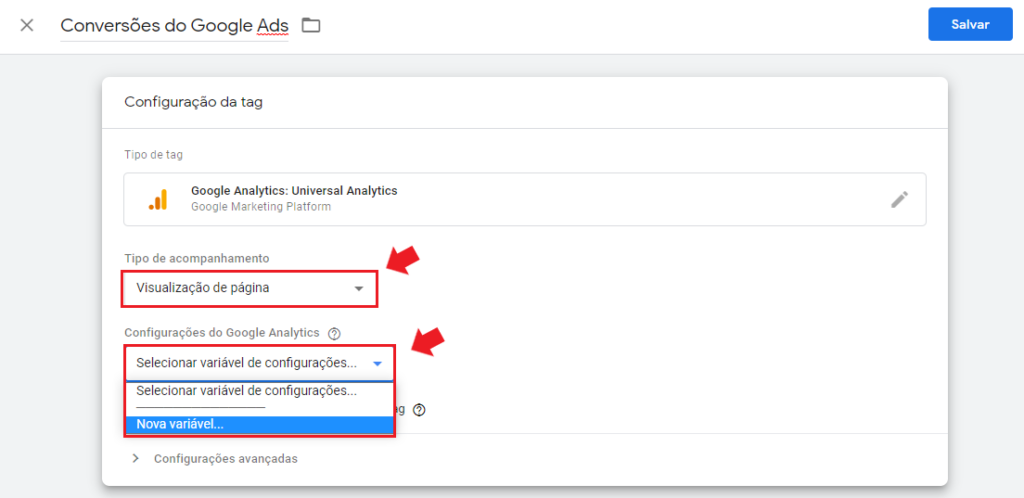 google tag manager: imagem de tela de configuração da tag indicando onde definir o tipo de acompanhamento
