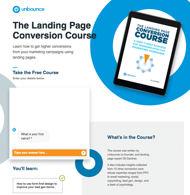 landing page exemplos: imagem da página da unbounce, mostrando um tablet com informações sobre um curso, uma janela de chat para interação com o usuário