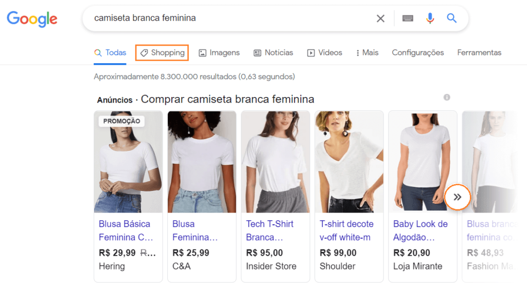 Google Shopping: imagem de uma busca no Google por camiseta branca feminina. Os resultados mostram anúncios de camisetas de várias marcas.
