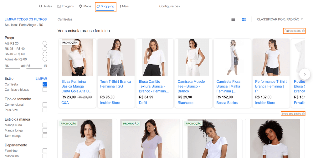 Google Shopping: print de tela da busca no Google por camiseta branca feminina. Na aba Shopping, mais resultados são mostrados.