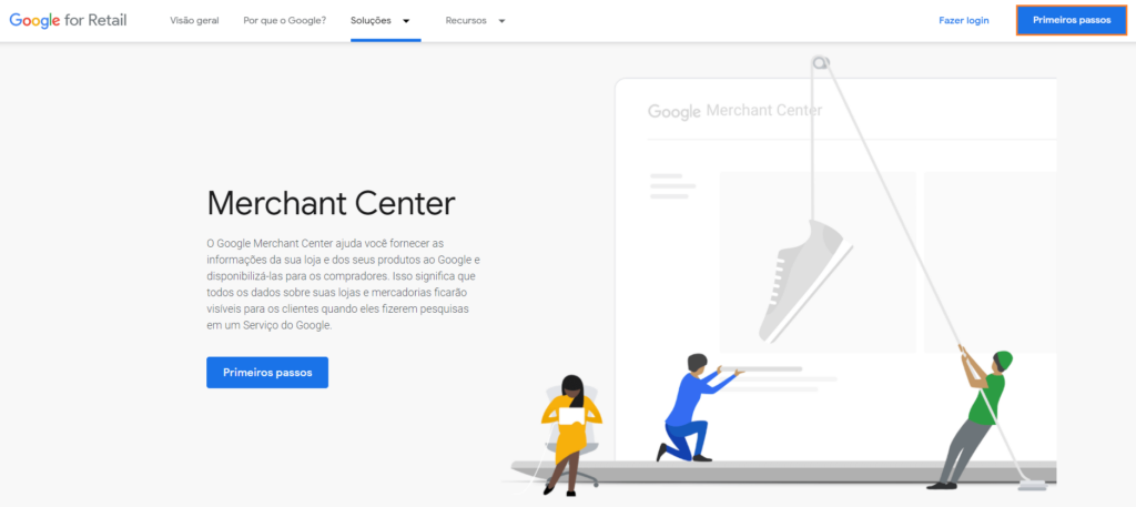 Google Shopping: print da tela inicial do site Google Merchant Center. Na imagem, há vetores coloridos de pessoas. Duas delas estão erguendo um sapato por uma corda.