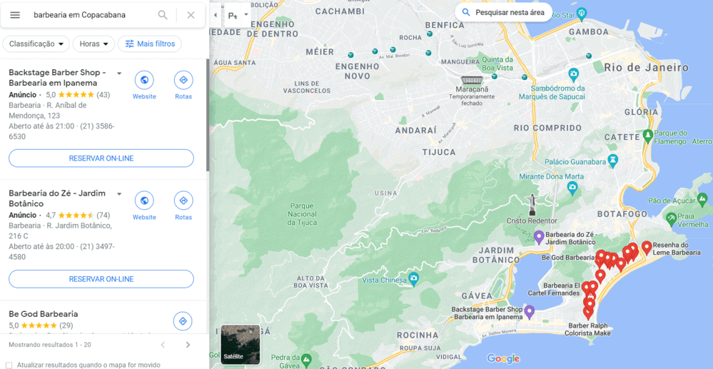 Nicho de mercado: print de tela do Google Maps. O mapa mostra a região de Copacabana, no Rio de Janeiro