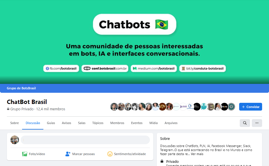 Nicho de mercado: print de tela da página inicial grupo chatbots do Facebook. A imagem tem um fundo verde, a bandeira do Brasil ao lado do título da página e outras informações gerais sobre o grupo