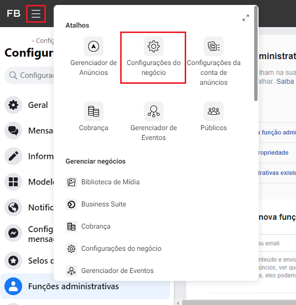 facebook business: imagem da tela de configurações do negócio indicando onde se localiza o menu principal