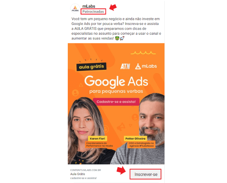 Instagram Ads: imagem de um post patrocinado sobre aula grátis de Google Ads para pequenas verbas. No post aparece os rostos de uma mulher e de um homem com texto sobre o evento.