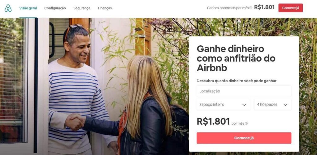 landing page exemplos: imagem da página da airbnb com duas pessoas se cumprimentando na entrada de uma casa ao fundo, e na frente ao lado direito um formulário para preenchimento na cor branca com o título ganhe dinheiro como anfitrião no airbnb
