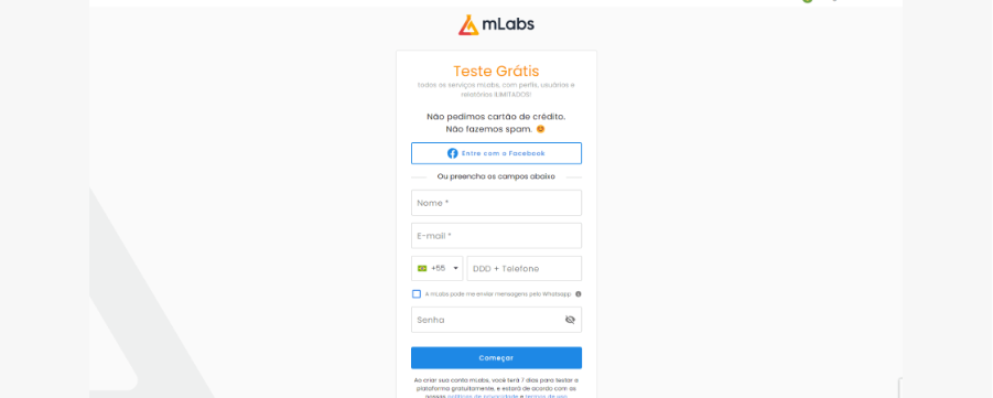 Tela de teste grátis da mLabs.