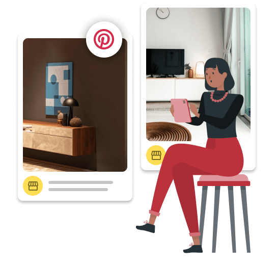 Imagem mostra dois pins de decoração com ícone do Pinterest em volta. Ao lado da imagem, ilustração de uma personagem sentada em uma banqueta, segurando um tablet.