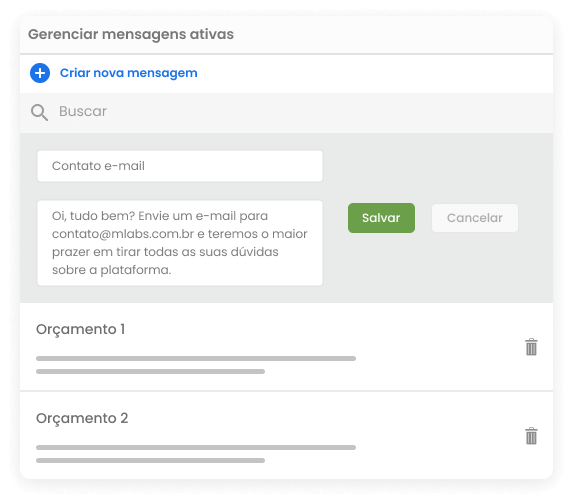 Tela do Inbox da mLabs, mostrando a aba de gestão de mensagens salvas. Destaque para campo de criar nova mensagem.