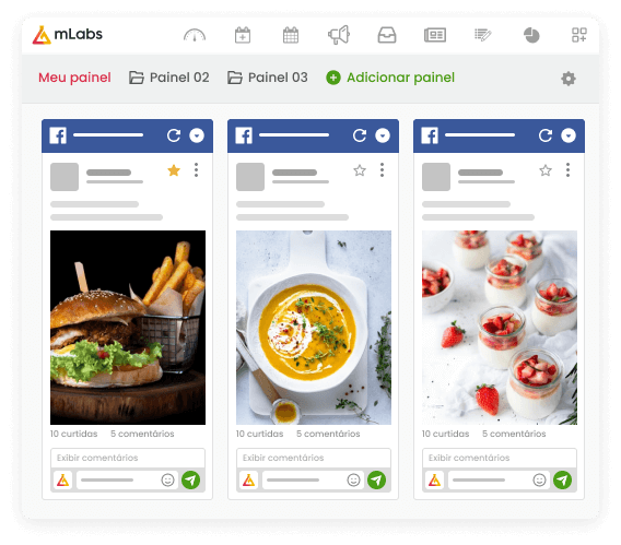 Imagem mostra a tela da funcionalidade Feed da mLabs, com três painéis criados, lado a lado, cada um com um feed diferente do Facebook.