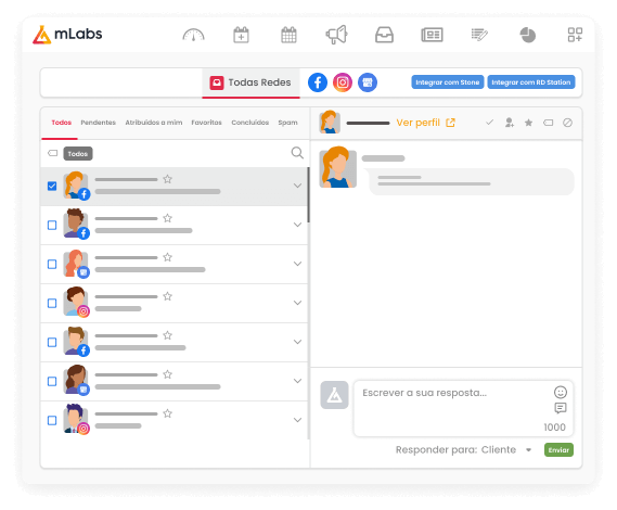Imagem mostra tela da funcionalidade Inbox da mLabs, com a caixa de texto para escrever uma resposta a um comentário recebido pelo Inbox do Facebook.