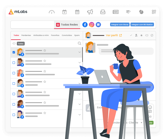Imagem mostra a tela do Inbox da mLabs, funcionalidade que permite responder o Inbox do Facebook pelo pc. Sob a imagem, ilustração de uma mulher sentada, trabalhando, com o computador sobre a mesa.