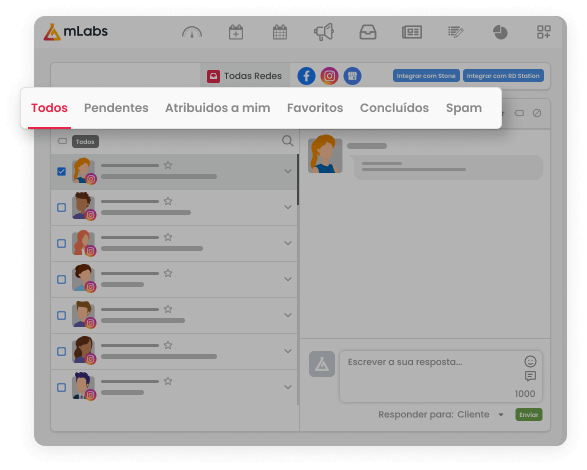 Imagem mostra a tela do Inbox, destacando os recursos de taguear conversas, banco de respostas e filtro de conversas.