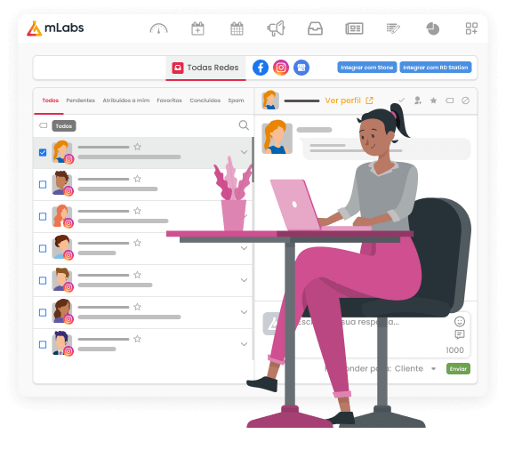 Imagem mostra a tela do Inbox da mLabs, funcionalidade que permite responder o Direct do Instagram pelo pc. Sob a imagem, ilustração de uma mulher sentada, trabalhando, com o computador sobre a mesa.