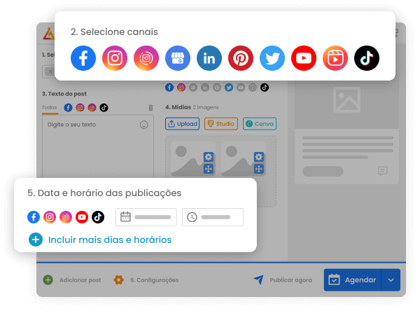 Imagem mostra o ecrã de agendamento de publicações da mLabs com destaque para as redes sociais integradas à plataforma e campo para definir data e horário para o agendamento