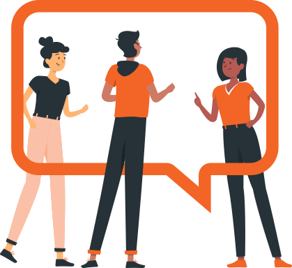 Illustration of 3 people, one talking to the other, and a 'chat' icon between them.