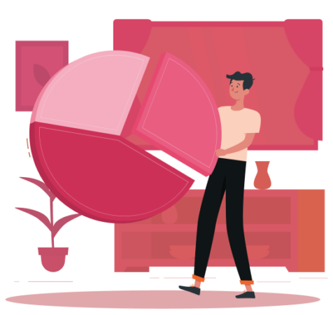 Illustration shows character carrying a pie chart, representing the graphs of mLabs Instagram reports.