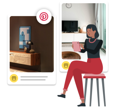 Image shows two decorative pins with Pinterest icon around it. Next to the image, illustration of a character sitting on a stool, holding a tablet.