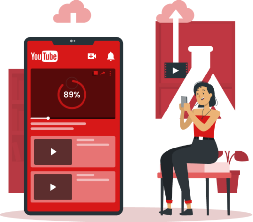 Illustration shows uploading a video within YouTube. Highlight for the mLabs logo and illustration of a character sitting holding a cell phone.