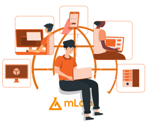Image shows an illustration of a character working on the computer sitting on a balloon with the mLabs logo and, around it, other people working on different devices and functions.
