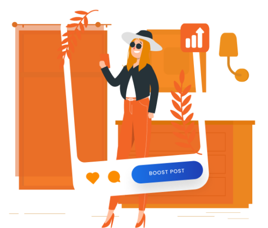 Image shows illustration of a post with highlight for the ``Boost`` button. Inside the post, illustrated character taking a selfie.