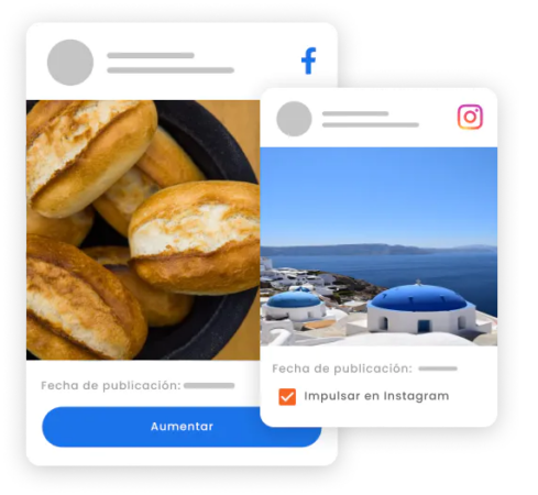 La imagen muestra el recorte de dos publicaciones: una en Facebook y otra en Instagram. Resalte el button Boost en la publicación de Facebook y el cuadro con la opción Boost en Instagram.