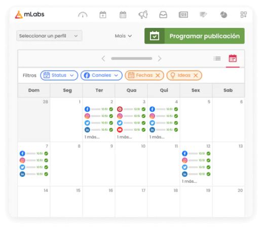 La imagen muestra el calendario de mLabs con varias publicaciones programadas, destacando los filtros: estado, canales, fechas, ideas.