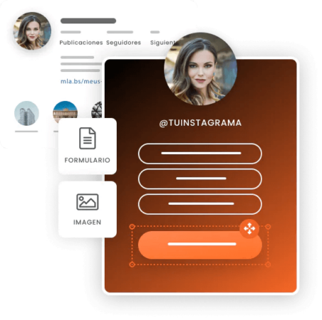 construa-paginas-para-links-na-bio-instagram La imagen muestra una página de enlace en la biografía creada con mLabs pages con iconos que representan algunas posibilidades de personalización de la herramienta. Los iconos son entrada de forma e imagen
