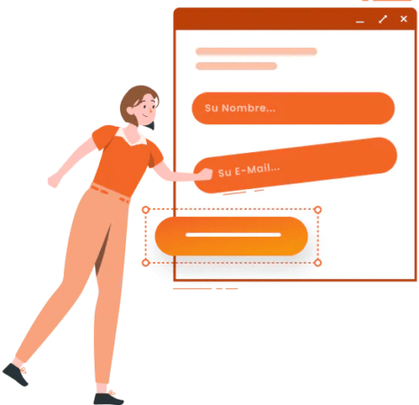 formulario-captura-clientes potenciales-mlabs-páginas La imagen muestra una ilustración de un formulario de captura de clientes potenciales con sus campos colocados por un personaje ilustrado