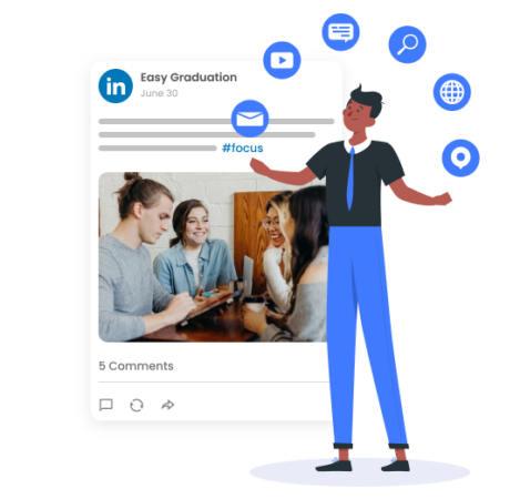 Image shows a post inside LinkedIn and, on top of it, an illustration of a character surrounded by icons such as search magnifier, video, text, etc.
