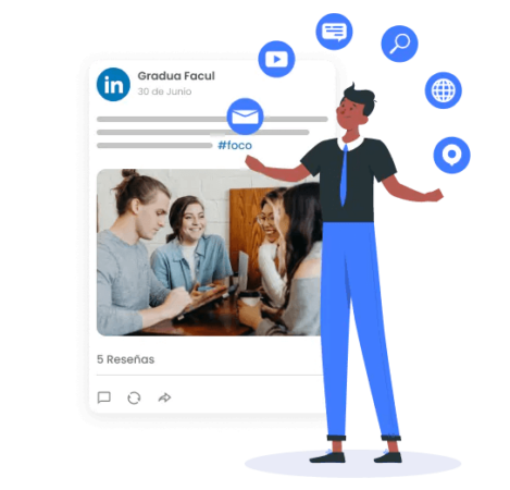 La imagen muestra una publicación dentro de LinkedIn y, encima, una ilustración de un personaje rodeado de íconos como lupa de búsqueda, video, texto, etc.