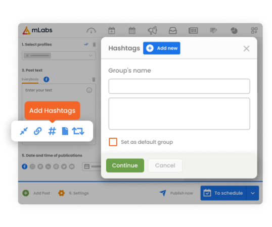 Image shows the mLabs post scheduling screen with an emphasis on the module for creating hashtag groups.