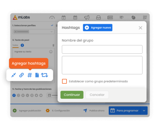 La imagen muestra la pantalla de programación de publicaciones de mLabs con énfasis en el módulo para crear grupos de hashtag.