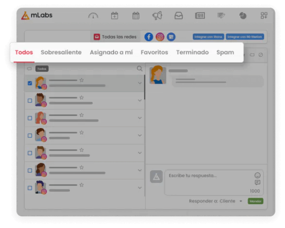 La imagen muestra la pantalla Bandeja de entrada, destacando las características de etiquetado de conversaciones, banco de respuestas y filtro de conversación.
